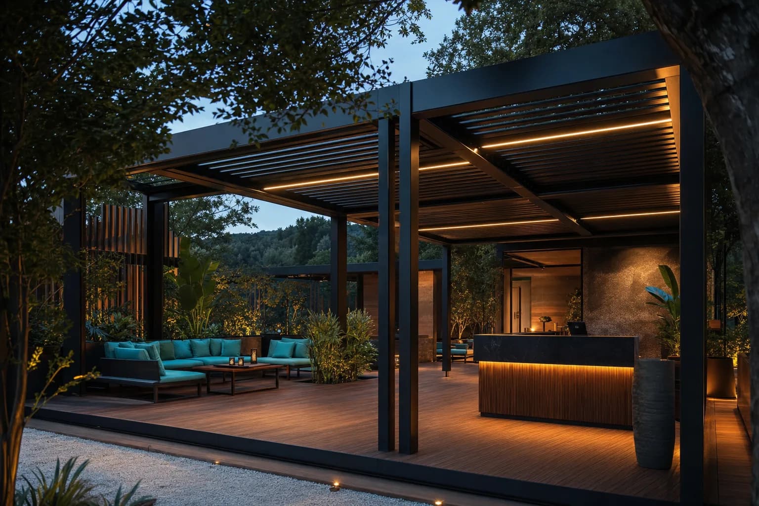 Pavilion modular cu structură neagră și zonă lounge